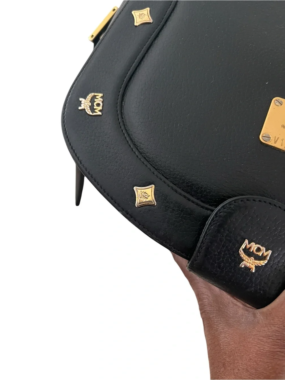 MCM Black Leather Crossbody Saddle Bag with Gold Hardware